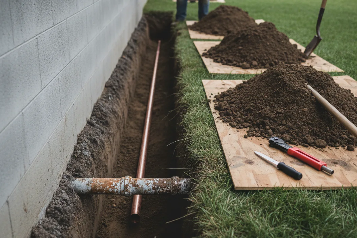 Excavated water line trench during Water Softener Installation in Fairbank